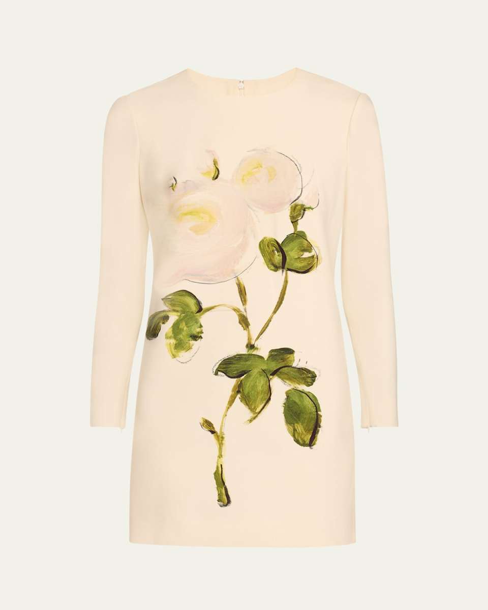 Long-Sleeve Painted Roses Wool Mini Dress